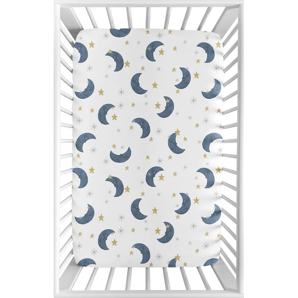 slide 2 of 3, Moon and Star Baby Boy or Girl Fitted Mini Portable Crib Sheet For Portable Crib - Navy Blue Gold Watercolor Celestial Sky