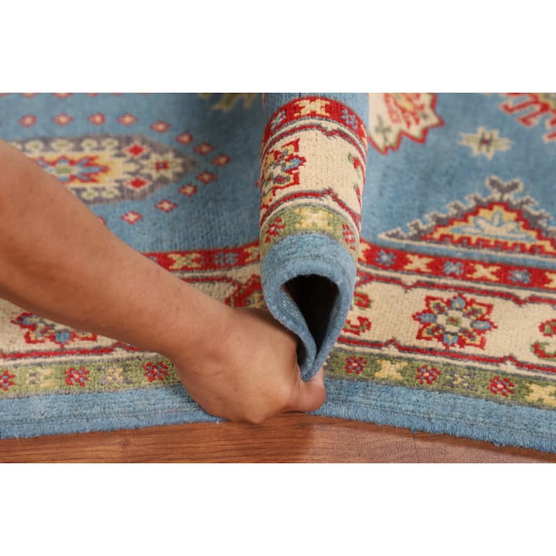 Light Blue Geometric Kazak Area Rug Hand-Knotted Oriental Wool Carpet - 4'3" x 6'4"