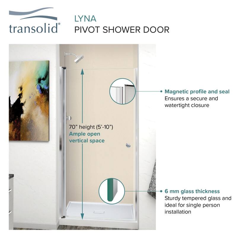 Transolid LSD367006C Lyna 70" High x 36" Wide Pivot Frameless Shower