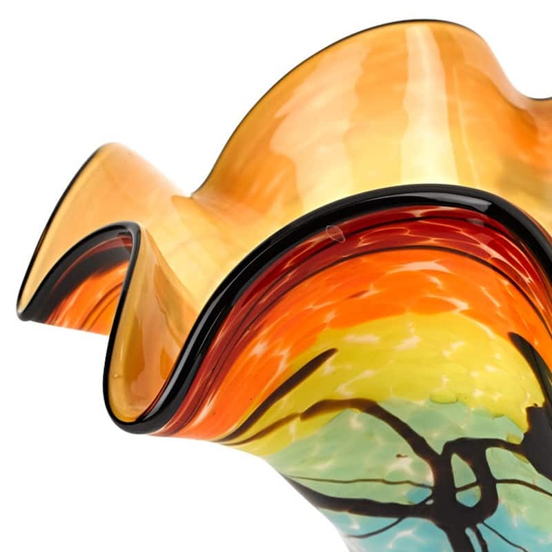 HomeRoots 17" Red Yellow and Green Wavy Glass Centerpiece Bowl