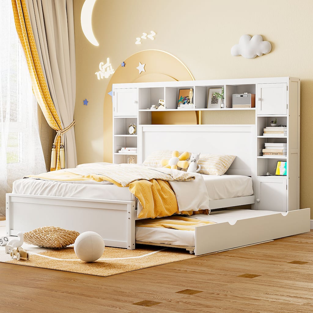 Queen Size Wooden Bed with Built-in Storage, Shelves, and Outlets, White