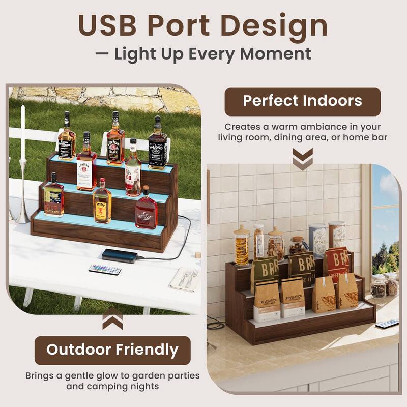 EROMMY LED Lighted Wine & Liquor Display Shelf with Remote, 3-Tier Tabletop Bar Rack, USB Powered