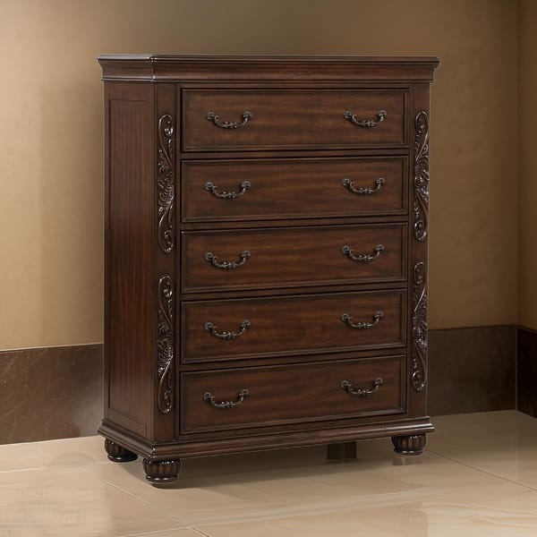 Akil 54 Inch Tall Dresser with 5 Drawers, Floral Carved Cherry Brown Wood -  Bed Bath & Beyond - 39815838