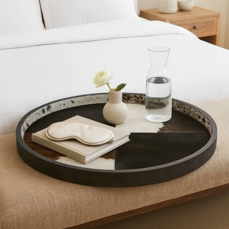 Wood Decorative Tray Stylish Round Two-Tone Design - 29" Black - 28.75"