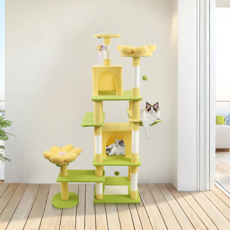 71 inch Flower Cat Tree With large Condo Removable Flower Cushion and Hammock - Yellow