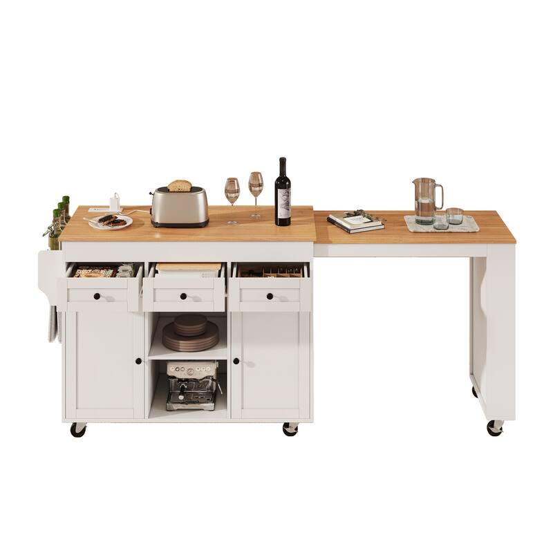 Kitchen Island with Extendable Dining Table & Power Outlet, Rolling Kitchen Island with 3 Side Open Shelves, 3 Drawers & 2 Doors