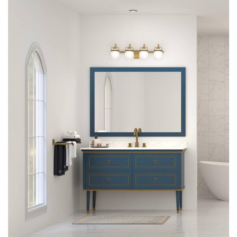 Fessler Collection Four-Light Vintage Brass Opal Glass Farmhouse Bath Light - 29.12 in x 7.12 in x 9.12 in