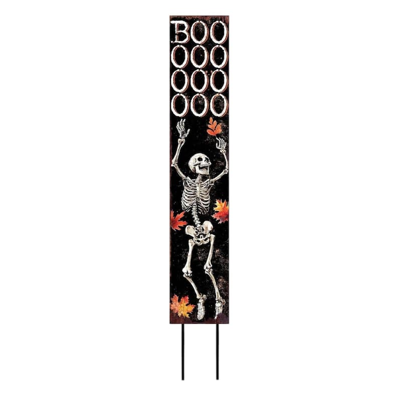 HomeRoots 42" Black Orange And White Solid Wood Boo Halloween Skeleton Garden Stake