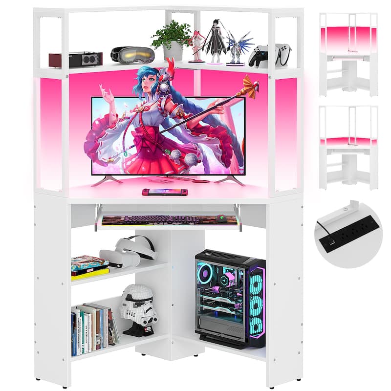 29.5'' W Triangle Corner Computer Desk with Keyboard Tray and Hutch, Sturdy Corner Table with LED Lights and Power Outlets