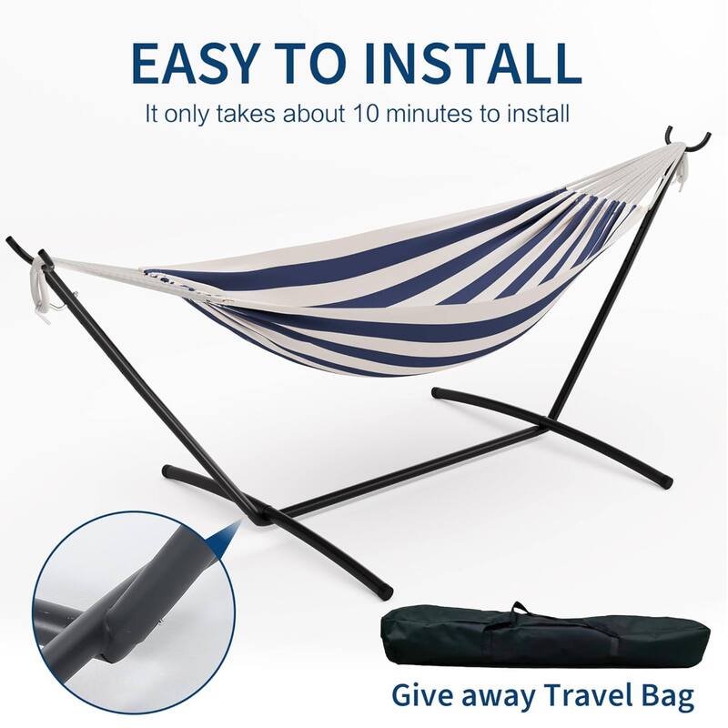450lb Large Capacity Double Hammock with Steel Stand with Carry Bag for Patio Backyard Poolside