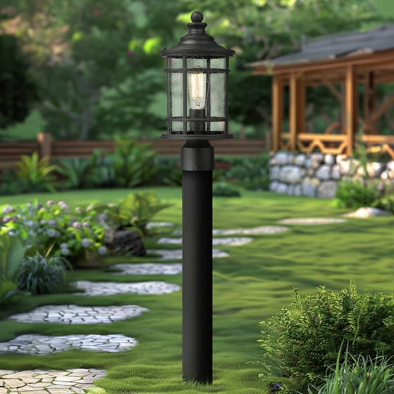Outdoor Post Light Fixtures, 15 Inch Farmhouse Modern Lamp Post Lighting, Black Finish with Seeded Glass