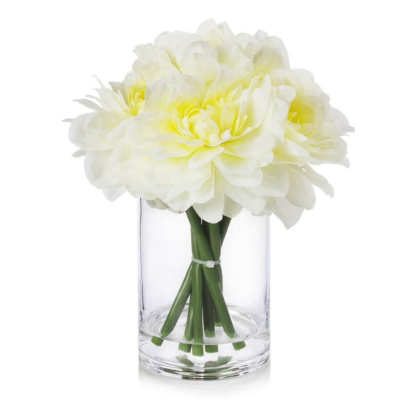 Enova Home Artificial Silk Dahlias Fake Flowers Arrangement in Clear Glass Vase with Faux Water For Home Decoration - Cream