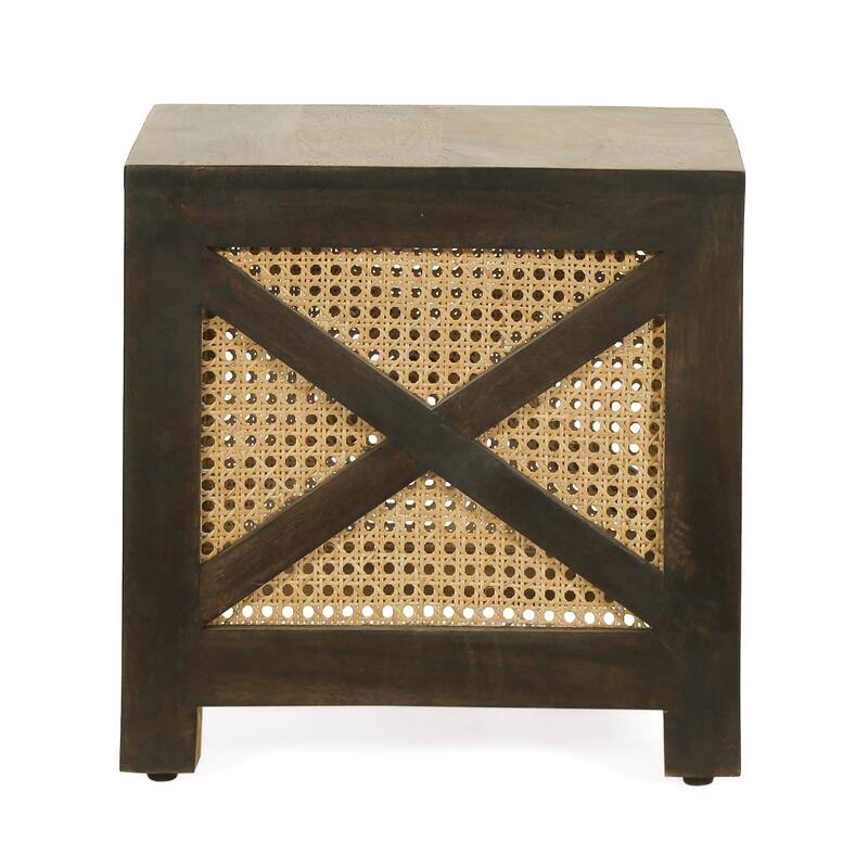 Roomfitters Rustic Mango Wood End Table with Woven Rattan Panel, Square Accent Coffee Table for Living Room, Natural