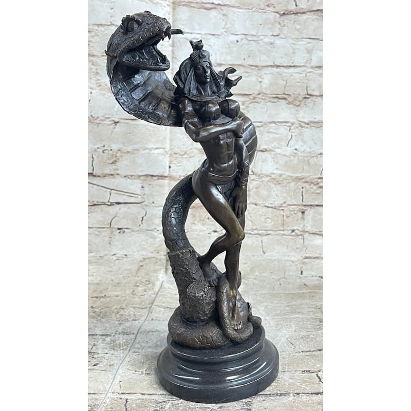 Muscular Woman In Egyptian Headdress W/ Cobra Imitative Snake Fantasy Figure Bronze Sculpture