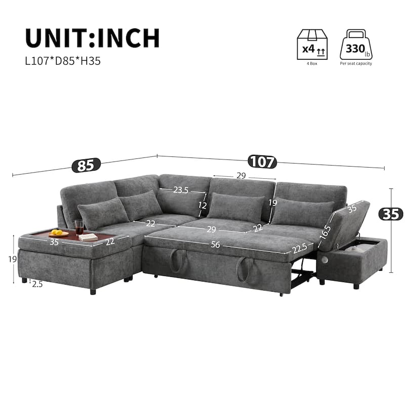 L-Shape Modular Chenille Sectional Sofa Convertible Sleeper Pull-out Sofa Bed with Dual-use Storage Ottoman and Charging Ports