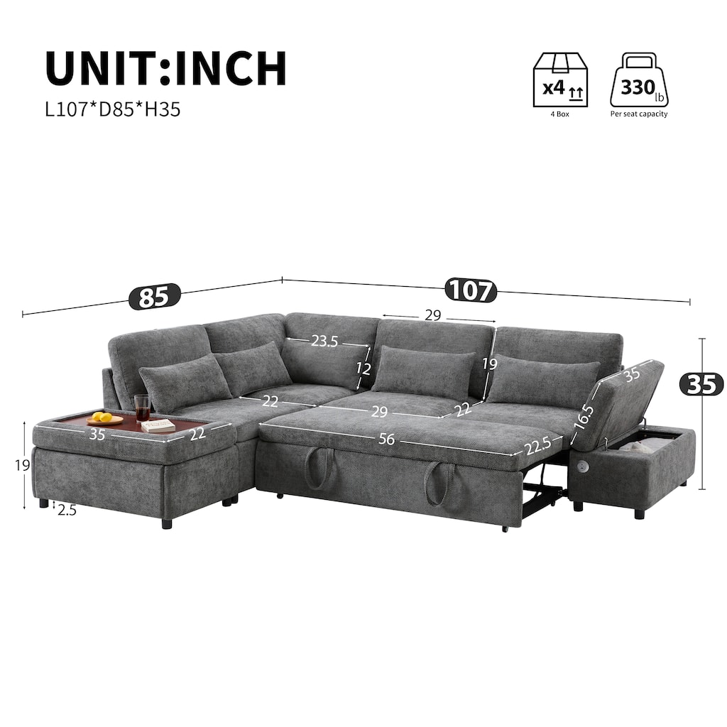 L Shape Modular Sectional Pull-Out Sofa with Storage Ottoman, USB Port & Adjustable Armrests, Oversized Chenille Cloud Sofa