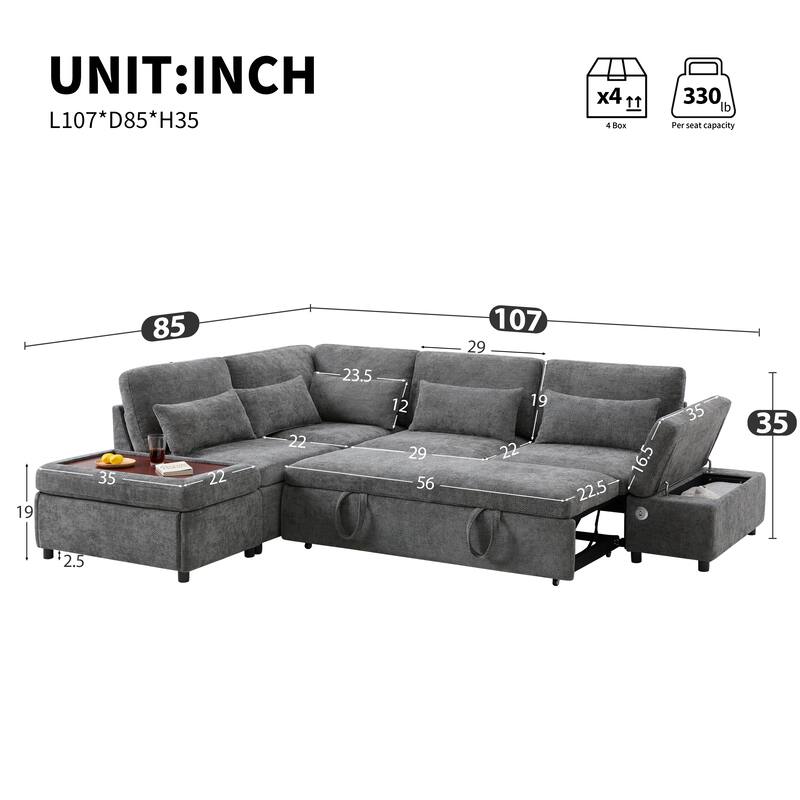Roomfitters Modular Pull-Out Sofa with Storage Ottoman, L-Shaped Oversized Chenille Sectional for Apartment