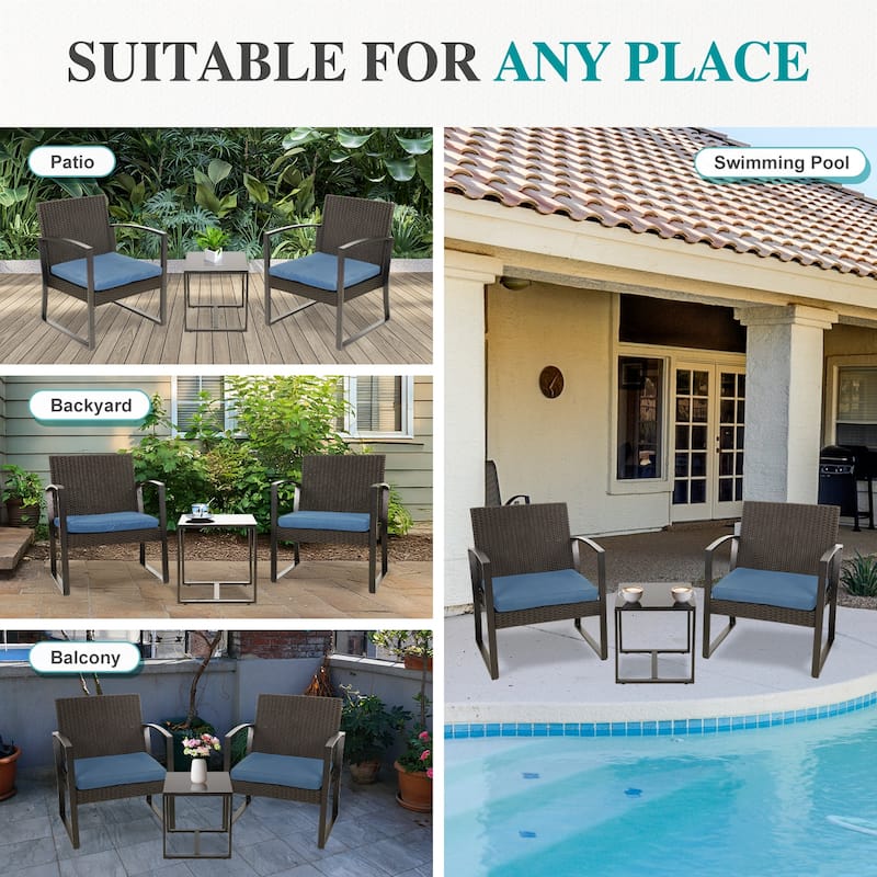 Aoodor 3-Piece Patio Furniture Set, Outdoor Rattan Wicker Chairs and Coffee Table