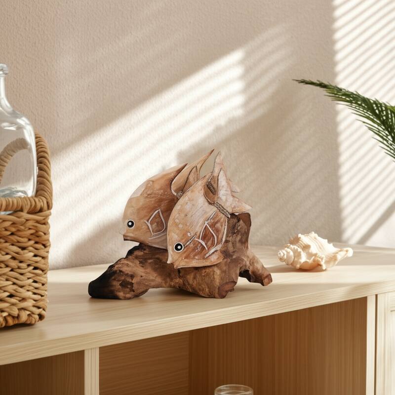 Wood Hand-Carved Fish Figurine Coastal Finish (Set of 2) - 9" Brown - 14" x 7.5" x 8.75"