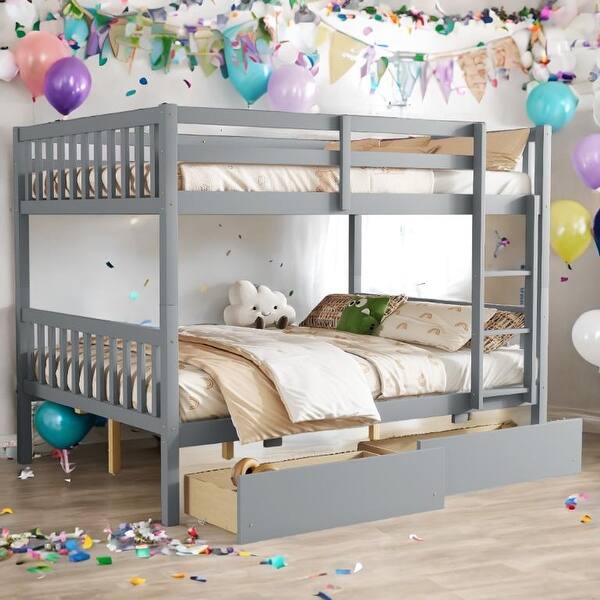 slide 2 of 20, Full over Full Rubber Wood Bunk Bed with 2 Drawers,Convertible into 2 Full Beds,Ladder and Safety Guardrails Gray