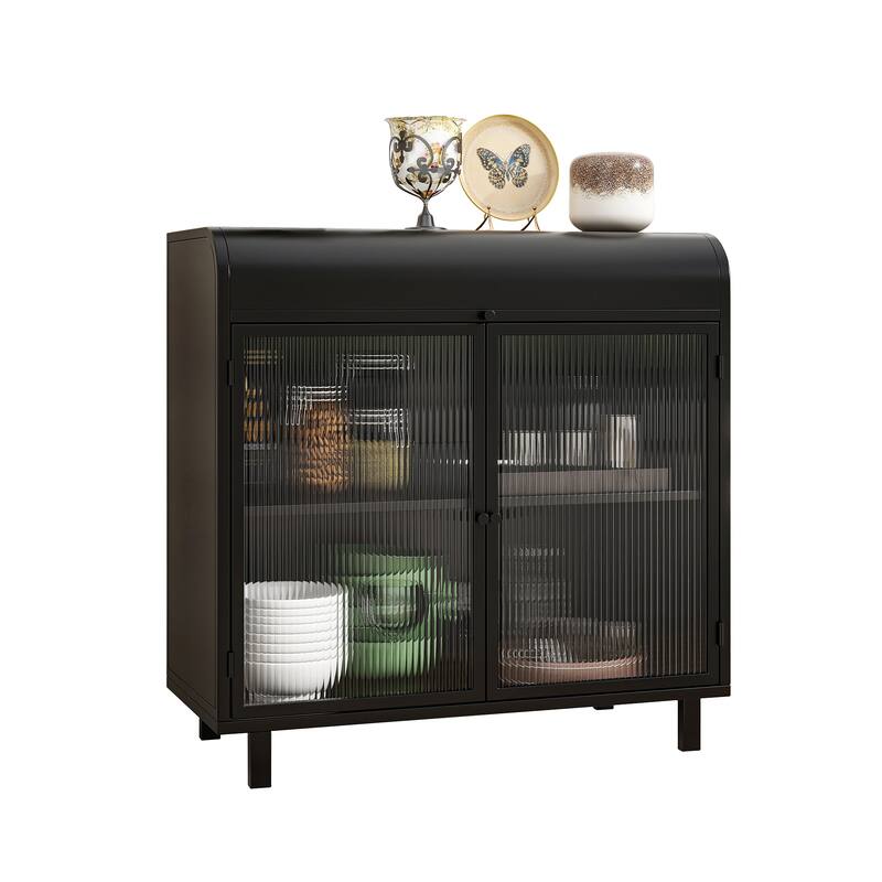 Kitchen Pantry with Tempered Figured Glass Doors, Buffet Cabinet with Flip Top and Shelves, Storage Cabinet with Metal Frame