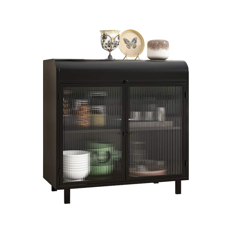 Modern Sideboard Buffet Cabinet with Tempered Figured Glass Doors, Flip Top, Inner Shelves, Metal Frame Storage Console