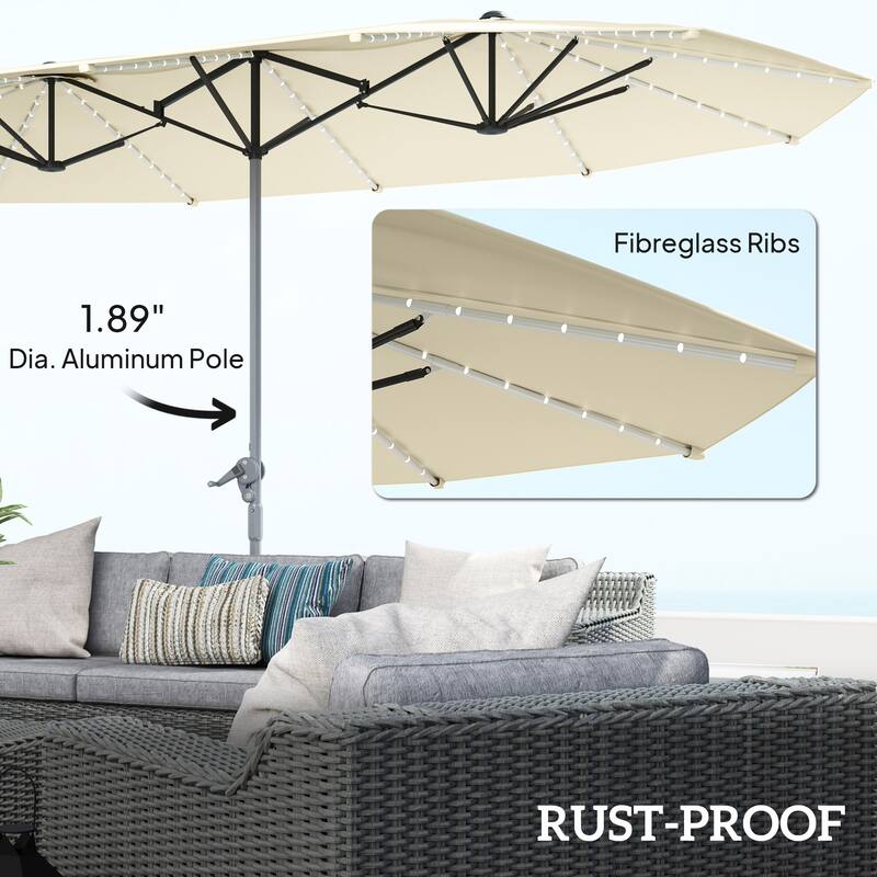 Solar Powered LED Patio Umbrella with UV Protection Outdoor Garden Patio Umbrella with LED Lights Crank Lift