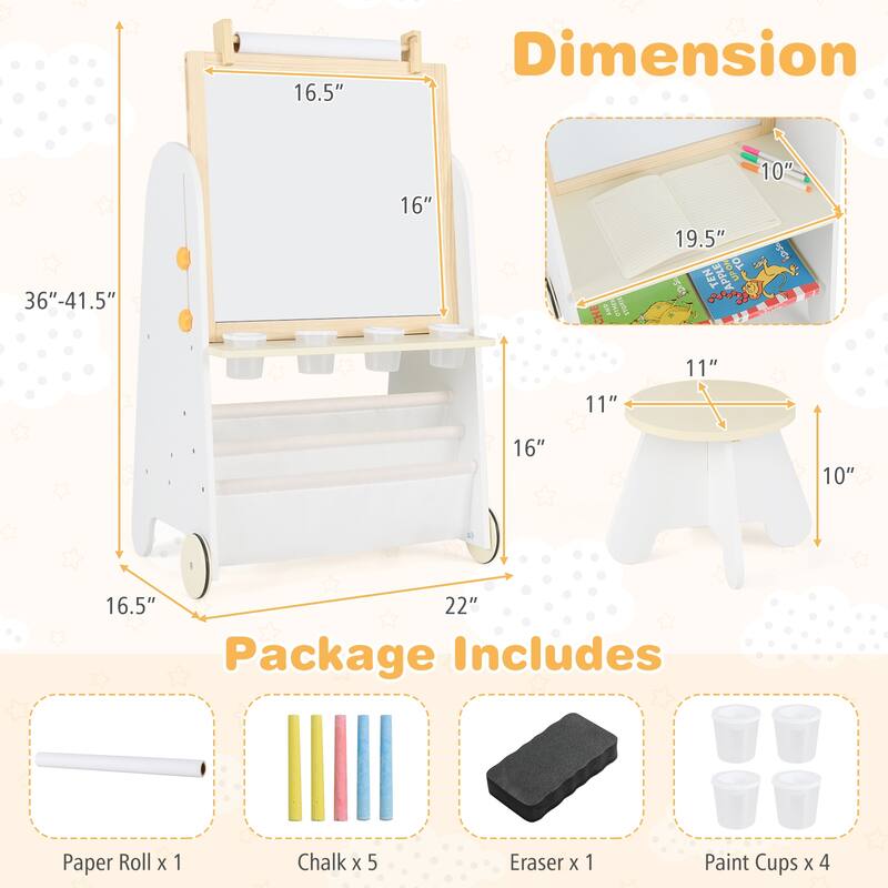 Kids 4 in 1 Art Easel and Desk with Stool Adjustable Height Whiteboard Chalkboard Paper Roll and Storage for Drawing