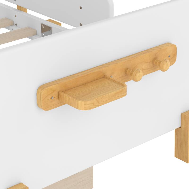 Low Profile Solid Wood Platform Bed Frame with Storage Drawers, Guardrails and Headboard, Footboard with Small Shelf and Hooks