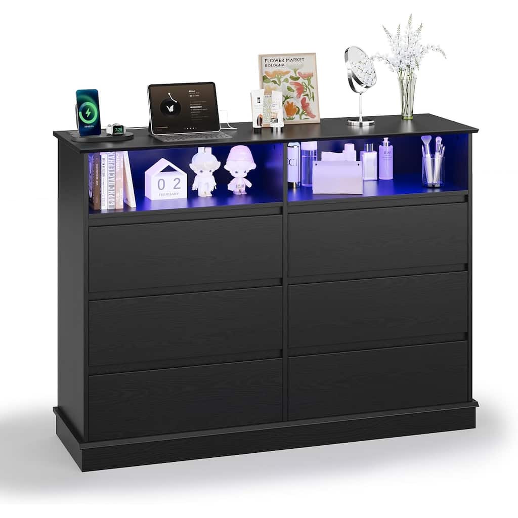 6-Drawer Dresser w/ LED Lights & Charging Station, Wide Storage
