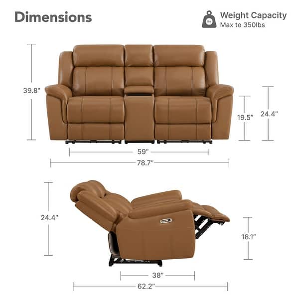 dimension image slide 3 of 8, Spruce & Spring Genuine Leather Power Reclining Sofa with Optional Console & Flip-Down Table