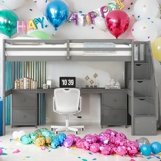 Stylish Twin Size Loft Bed Frame with Built-in Desk and Double Storage Drawers, Solid Construction & Versatility galore, Grey