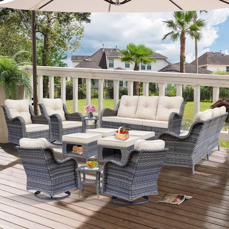 Gray Wicker 12-piece Outdoor Patio Conversation Sets with Swivel Chair - Beige