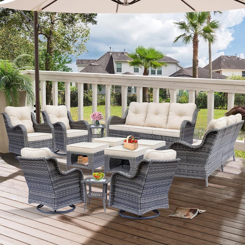 Gray Wicker Rattan Outdoor Patio Furniture Set Swivel Chair with Cushion - 12 Pieces - Beige