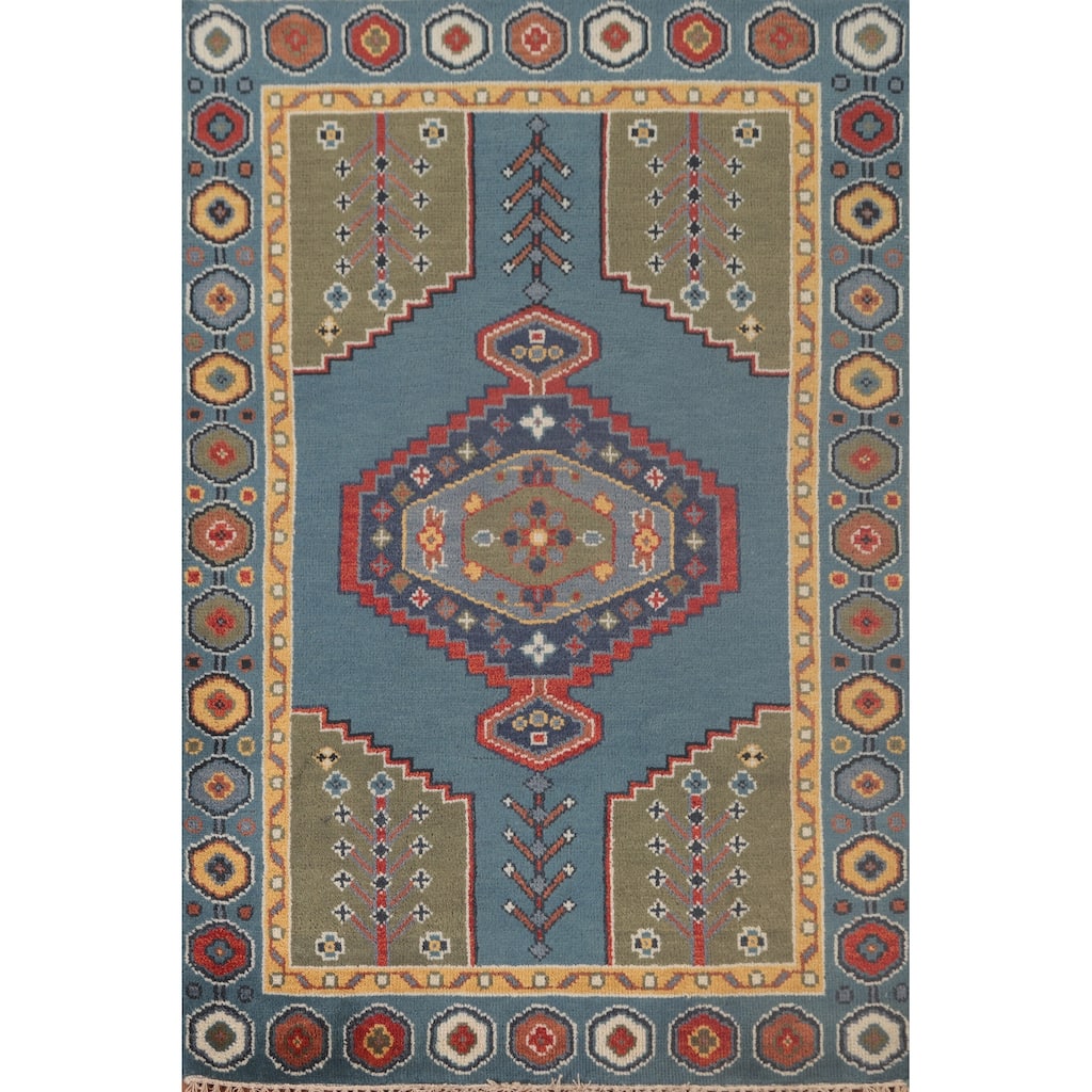 Blue Geometric Kazak Accent Rug Handmade Oriental Wool Carpet - 3'11"x 6'0"