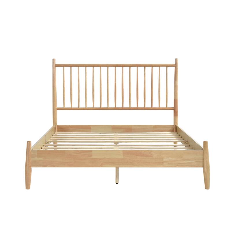 Mid-Century Modern Full Platform Bed with Vertical Slats Headboard, Natural Finish Wooden Bedroom Furniture