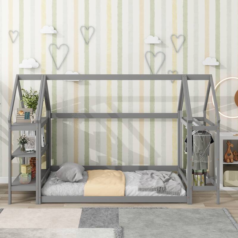 Wood House Bed With Storage Shelf And Hanger