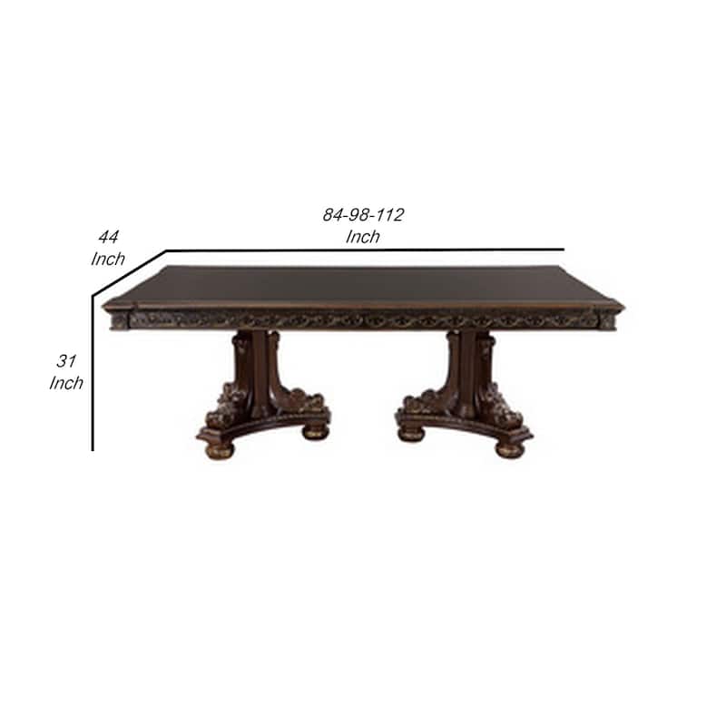 Finn 84-112 Inch Traditional Extendable Dining Table, Dual Pedestal, Brown