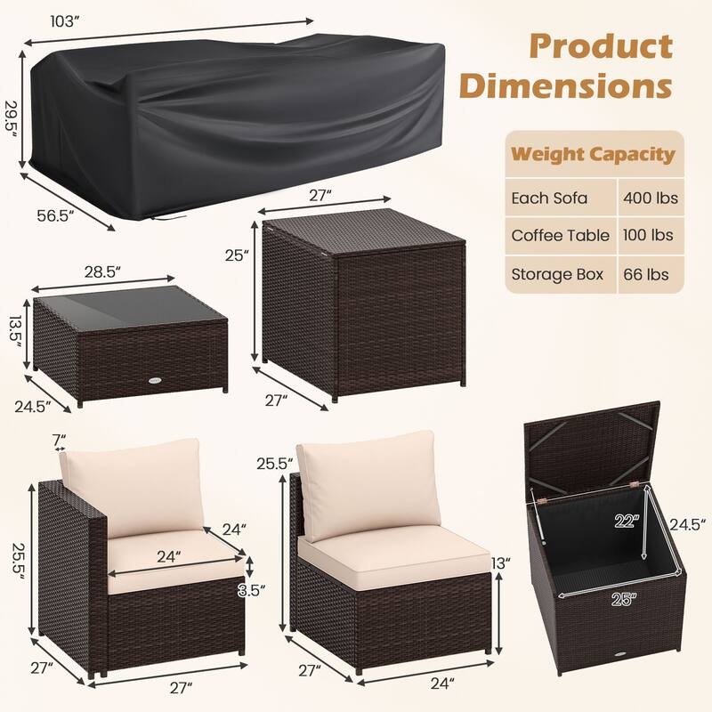 8-Piece Outdoor Patio Furniture Set with Storage Box Brown PE Rattan Sectional and Beige Cushions - 27" x 27" x 25.5"