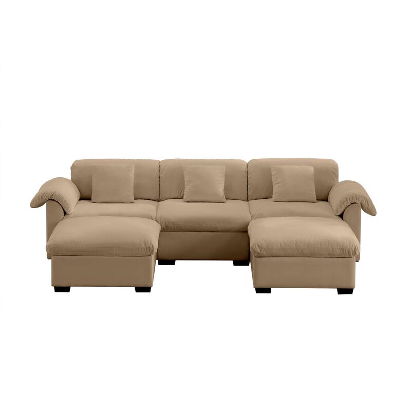 Velvet Fabric Modular Cloud Couch with Storage Seat,Free Combination - Tan+3 Seat+2 Ottoman