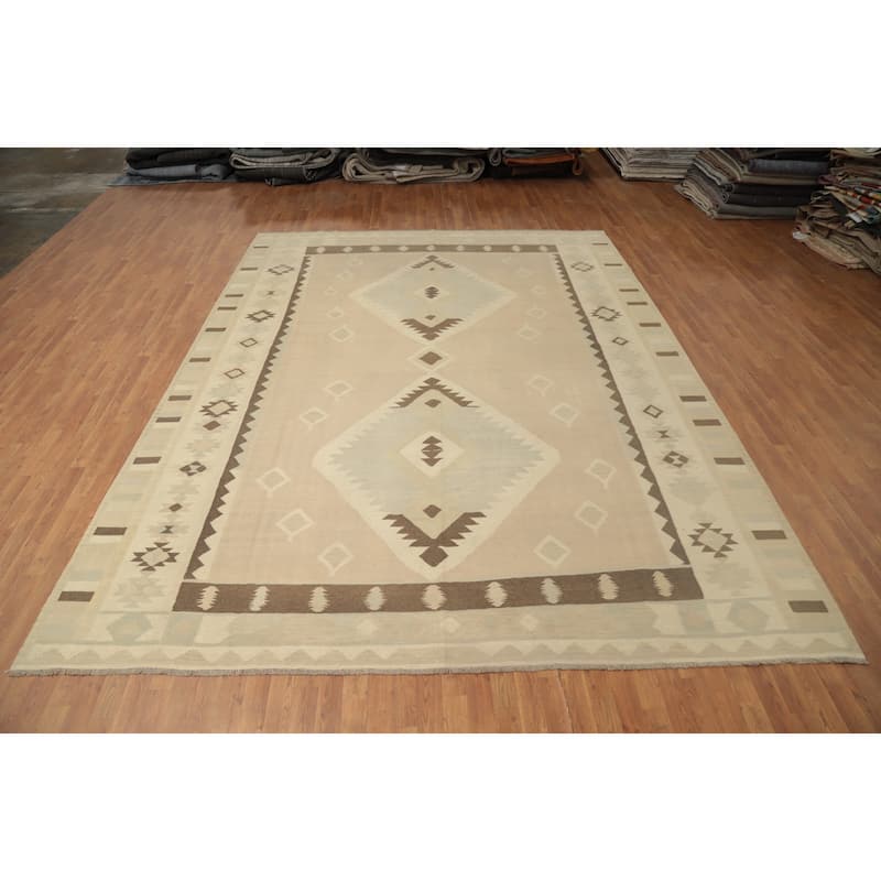 Hand Woven Oriental 100% Wool Carpet Southwestern Tribal Beige & Ivories Kilim Area Rug - 13' 1'' X 10' 0''