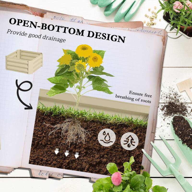 Outsunny Galvanized Raised Garden Bed, 24" x 24" x 11.75" Outdoor Planter Box with Trellis Tomato Cage and Open Bottom