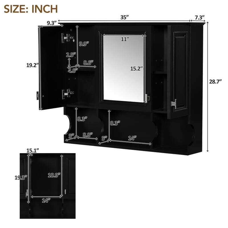 35'' x 28'' Wall Mounted Bathroom Cabinet, Modern Bathroom Wall Cabinet with Mirror and Open Shelves