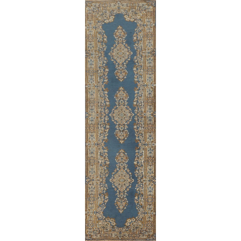 Blue Floral Kerman Persian Vintage Runner Rug Handmade Wool Carpet - 2'3" x 10'0"