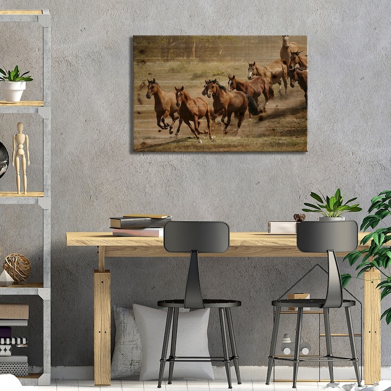 Western Ranch Wild Mustangs Print On Wood by Unknown Artist - Multi-Color