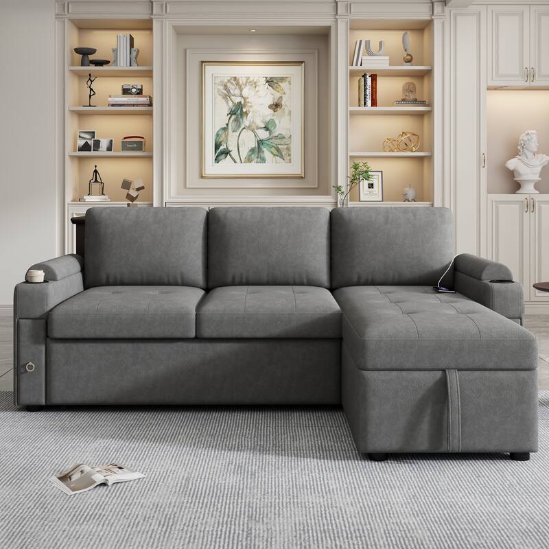 L-shaped Sofa Couch Convertible Sofa Bed, Sectional Sofa with 2 Cup Holders and 2 USB Ports Lounge Couches for Living Room
