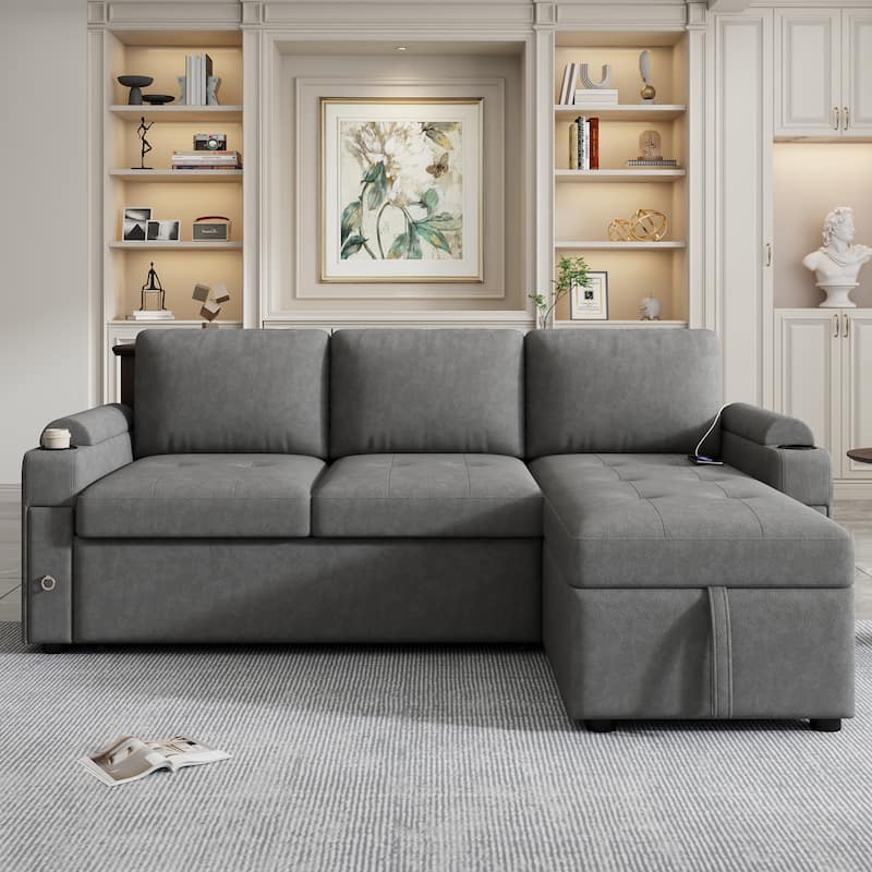 Modern L Shaped Sectional Sofa with Reversible Chaise and Hidden Storage and USB Ports for Living Rooms - Gray