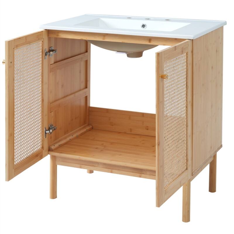 30'' Bathroom Vanity with Ceramic Sink Combo, Freestanding Bathroom Storage Cabinet with 2 Rattan Soft Close Doors