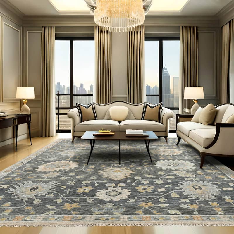 Oushak Wool Olive Green Traditional Hand Knotted Oriental Area Rug - 7' 11'' x 9' 9''