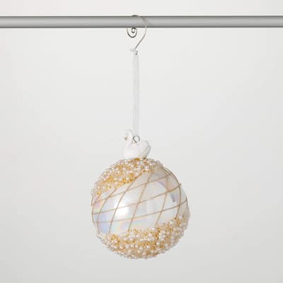 5"H Sullivans Christmas White Ball Ornament With Swan, White